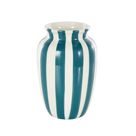 Ivory and Iris; 9.5" White & Teal Stripes Round Wide Ceramic Vase; Category:Vases; Image:1